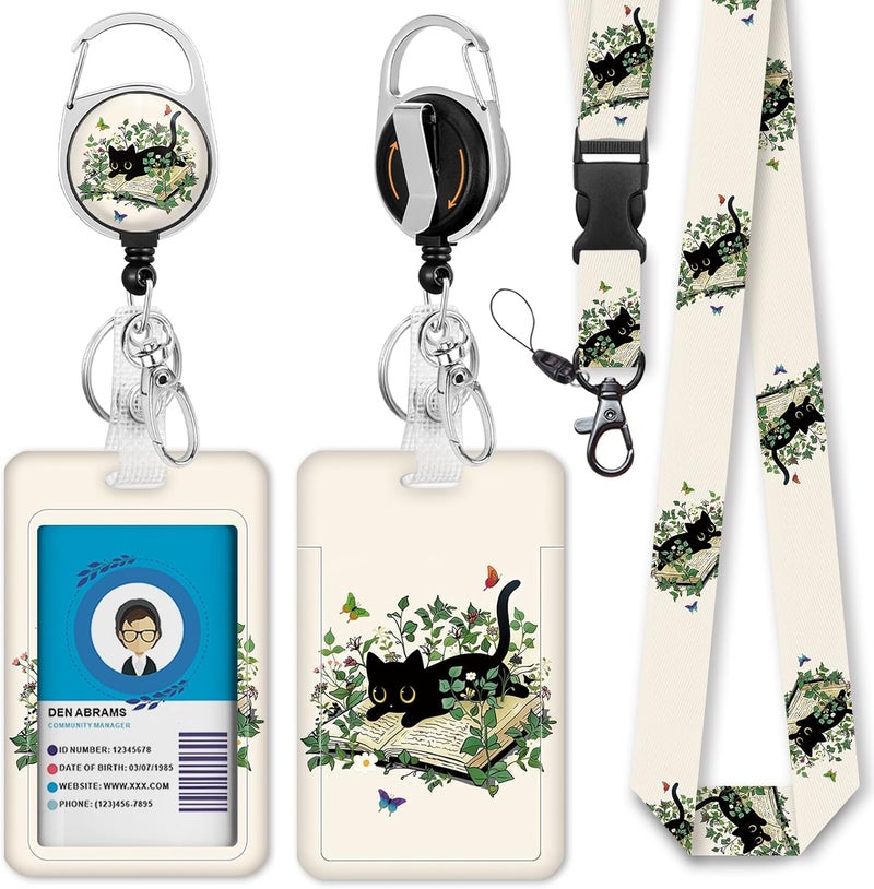 GIANCOMICS Lanyards for Id Badges, Book Black Cat ID Badge Holder with Lanyard Badge Reel Retractable, Lanyard with ID Holder Keychain Clip Name Tag Cute ID Card Holder for Teacher Women Work Office - Image 1